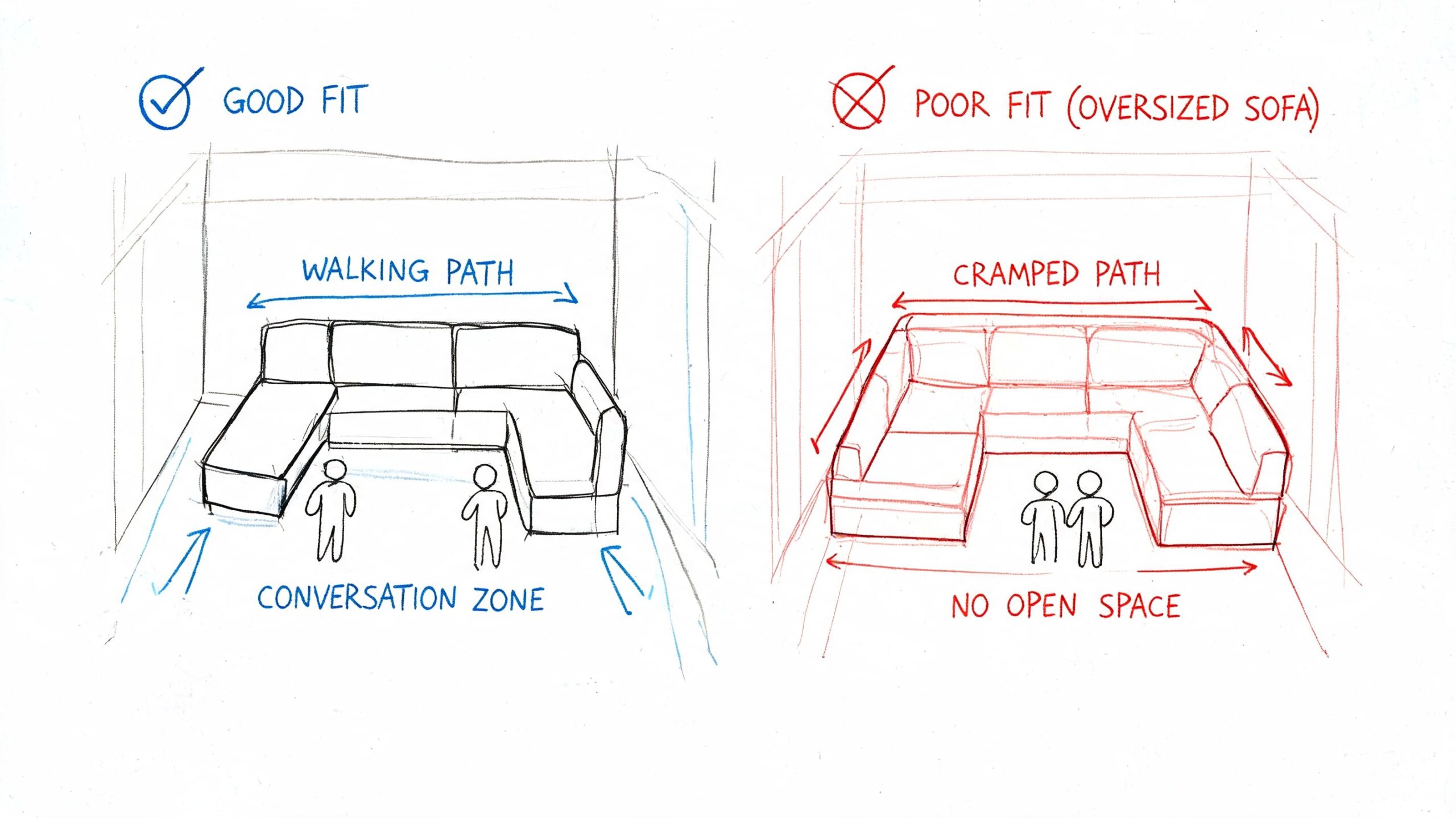 A diagram comparing a correctly sized sectional sofa with a poor fitting, oversized sectional sofa.