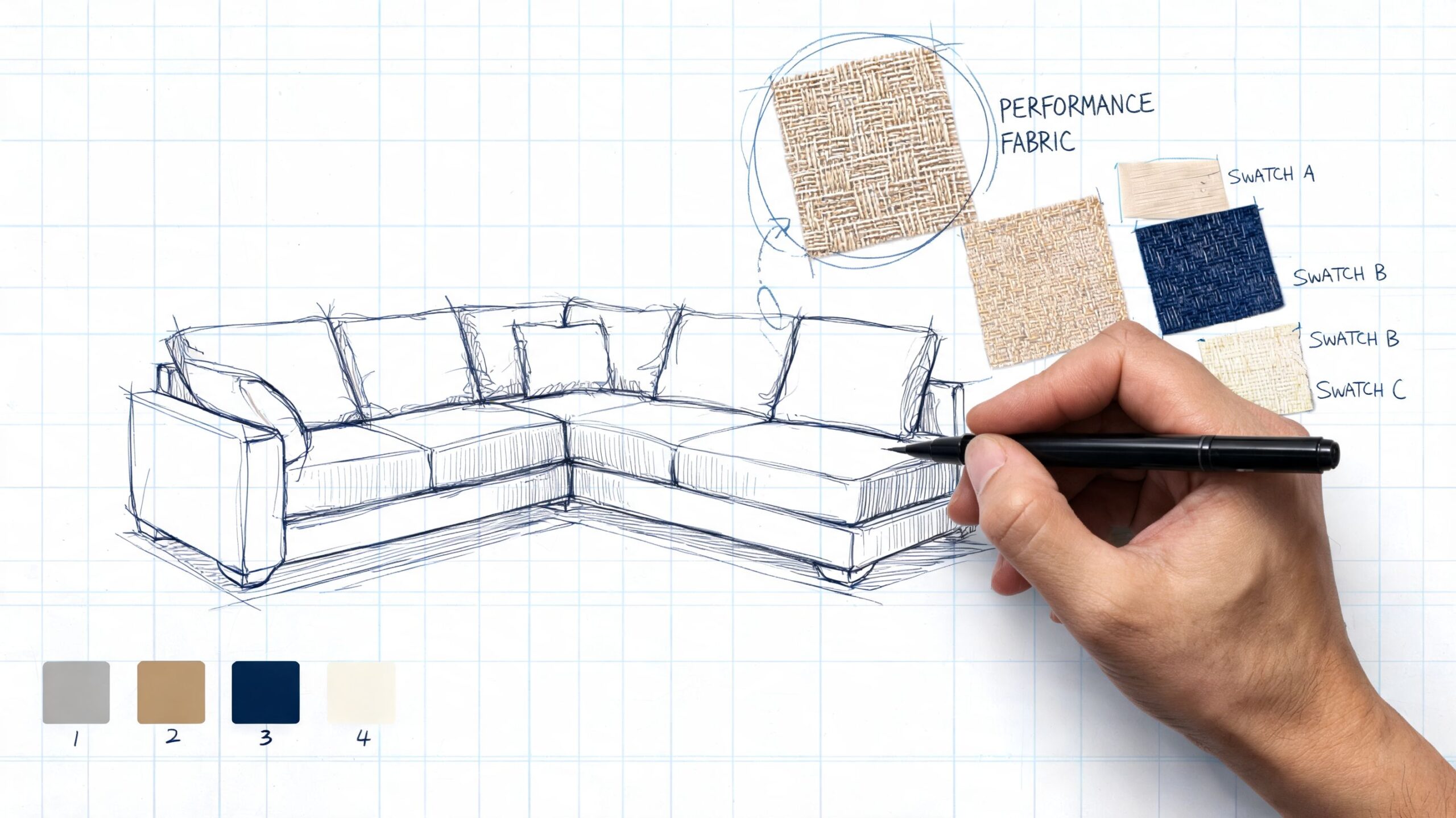 A hand drawing a sectional sofa on grid paper with fabric swatches for interior design planning.