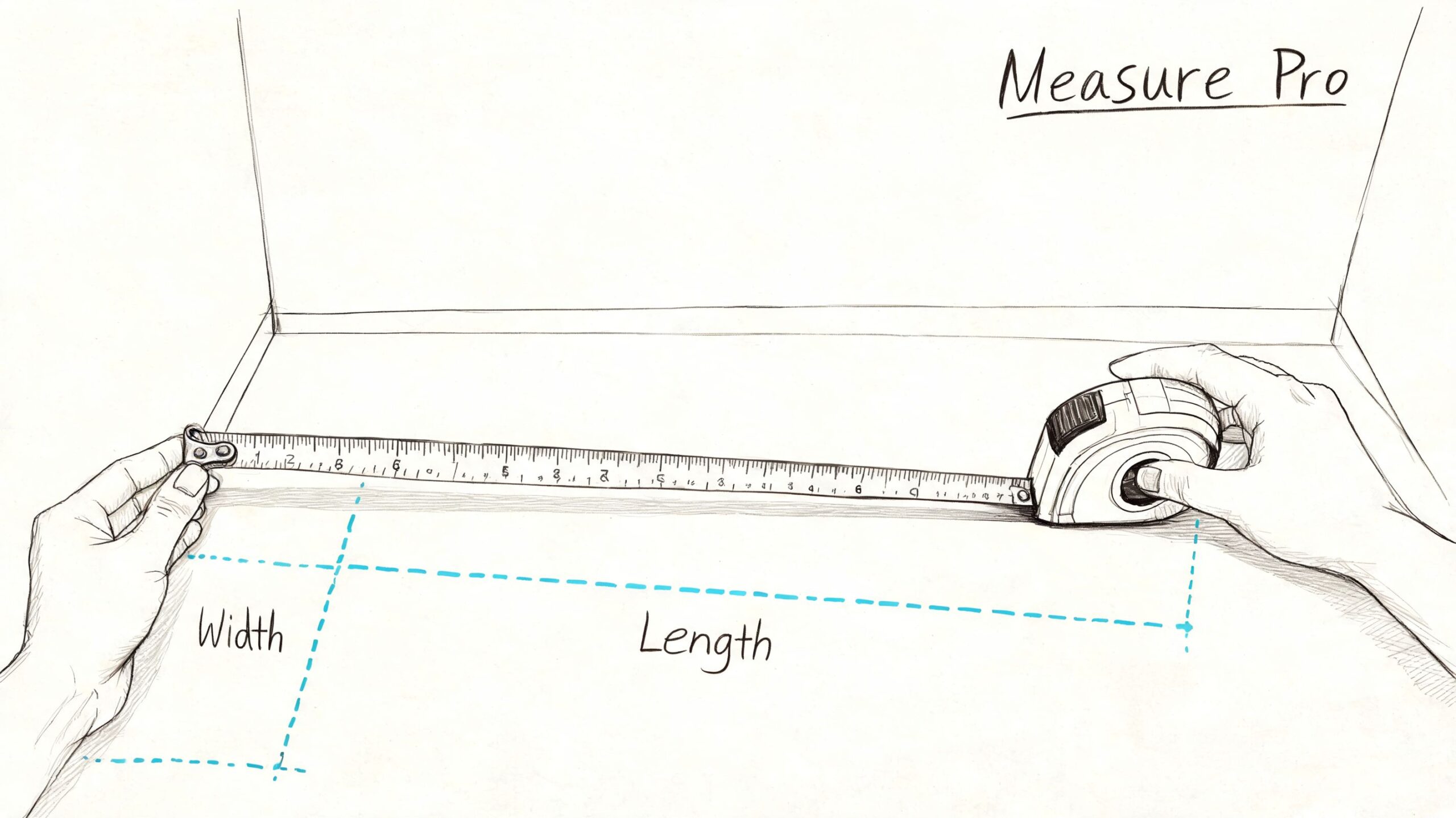 A hand-drawn illustration showing a person using a tape measure to determine the length and width of space.