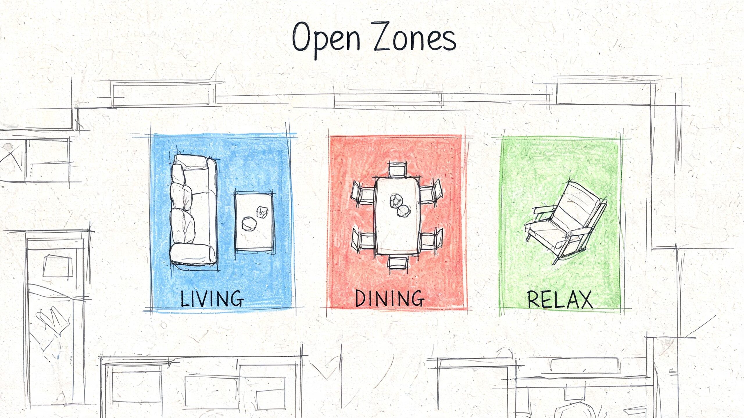 A floor plan sketch showing distinct open zones for living, dining, and relaxing with colored rug outlines.