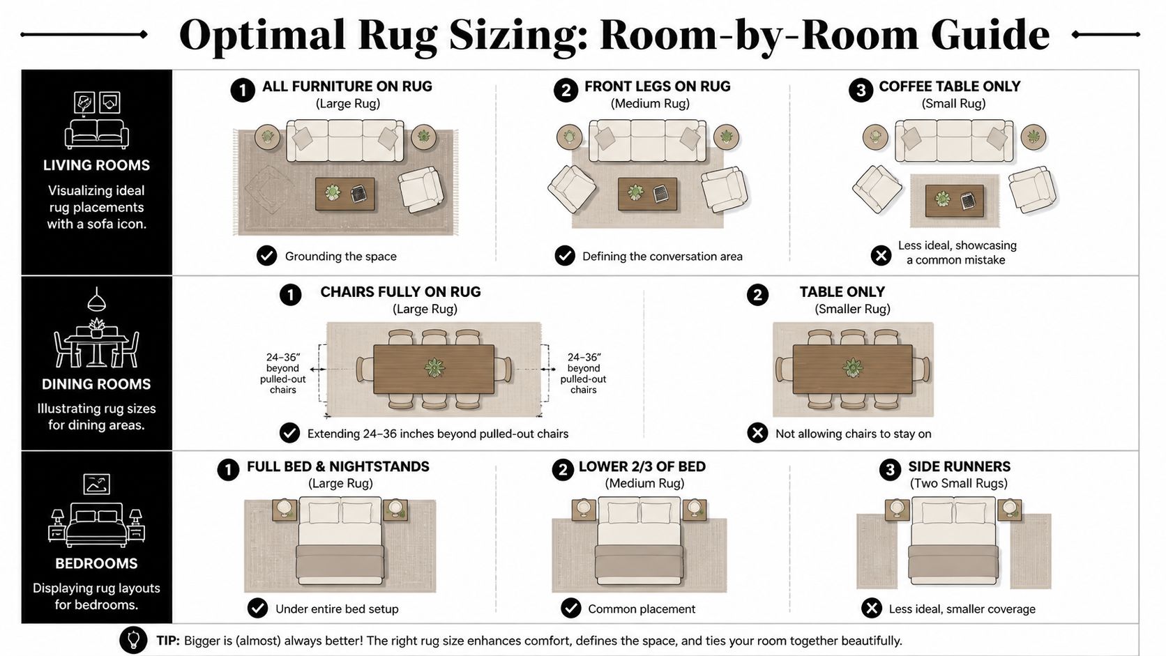 An infographic guide illustrating optimal rug sizes and placement for living rooms, dining rooms, and bedrooms.