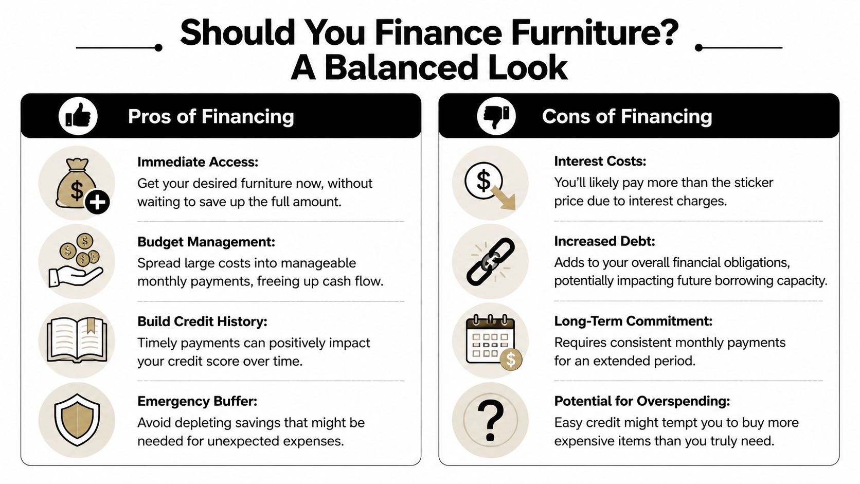 A comparison infographic detailing the pros and cons of financing furniture for budget and credit management.