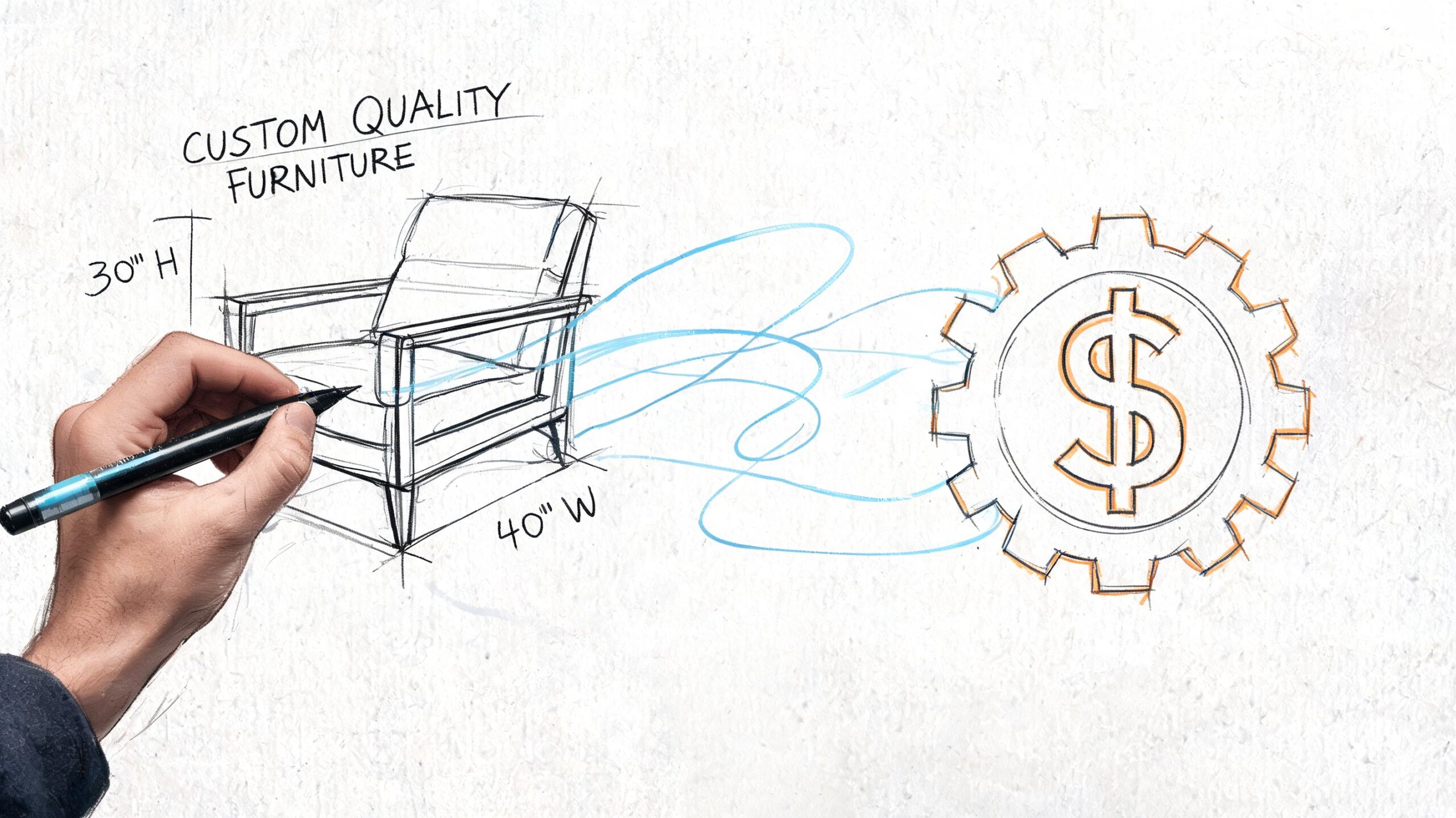 A hand drawing a chair sketch connected to a gear icon with a dollar sign representing furniture financing.