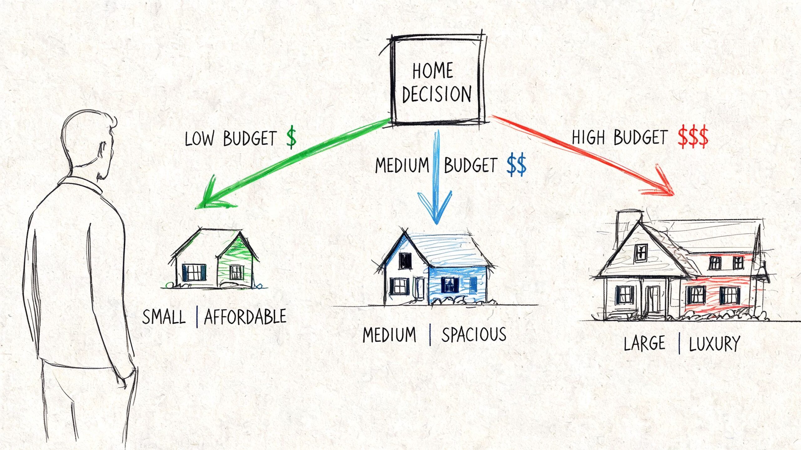 A hand-drawn sketch of a man deciding between three different house options based on budget levels.
