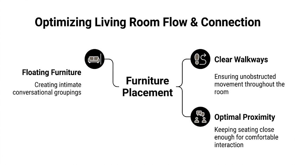 A diagram illustrating strategies for optimizing living room furniture layout, including floating furniture, clear walkways, and optimal proximity.