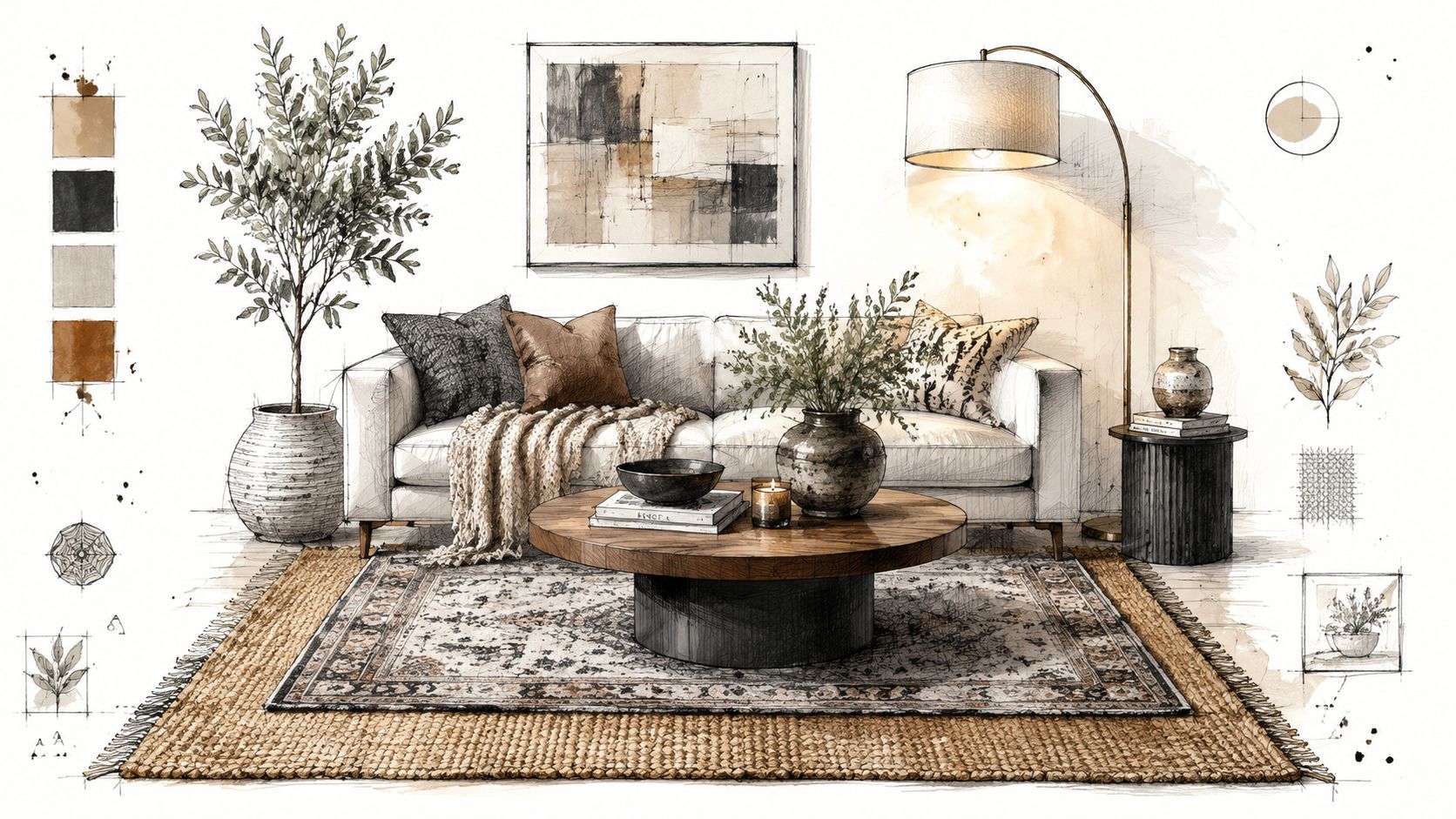 A sophisticated living room design sketch featuring a comfortable sofa, a wooden coffee table, and cozy decor.