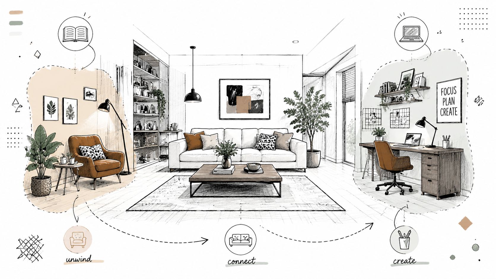 A modern living room sketch showing zones for unwinding, connecting on a sofa, and creating at a desk.