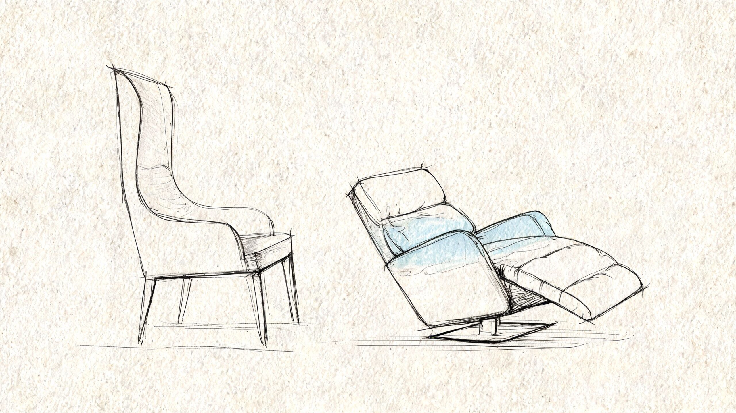 A hand-drawn sketch comparing a tall modern high-back chair with a recliner on a textured background.