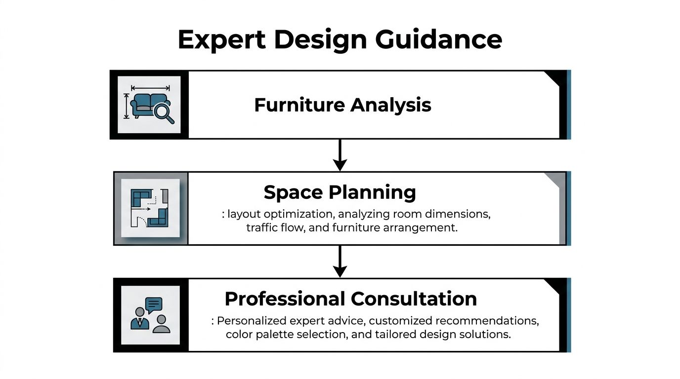 An infographic titled Expert Design Guidance showing furniture analysis, space planning, and professional consultation services.