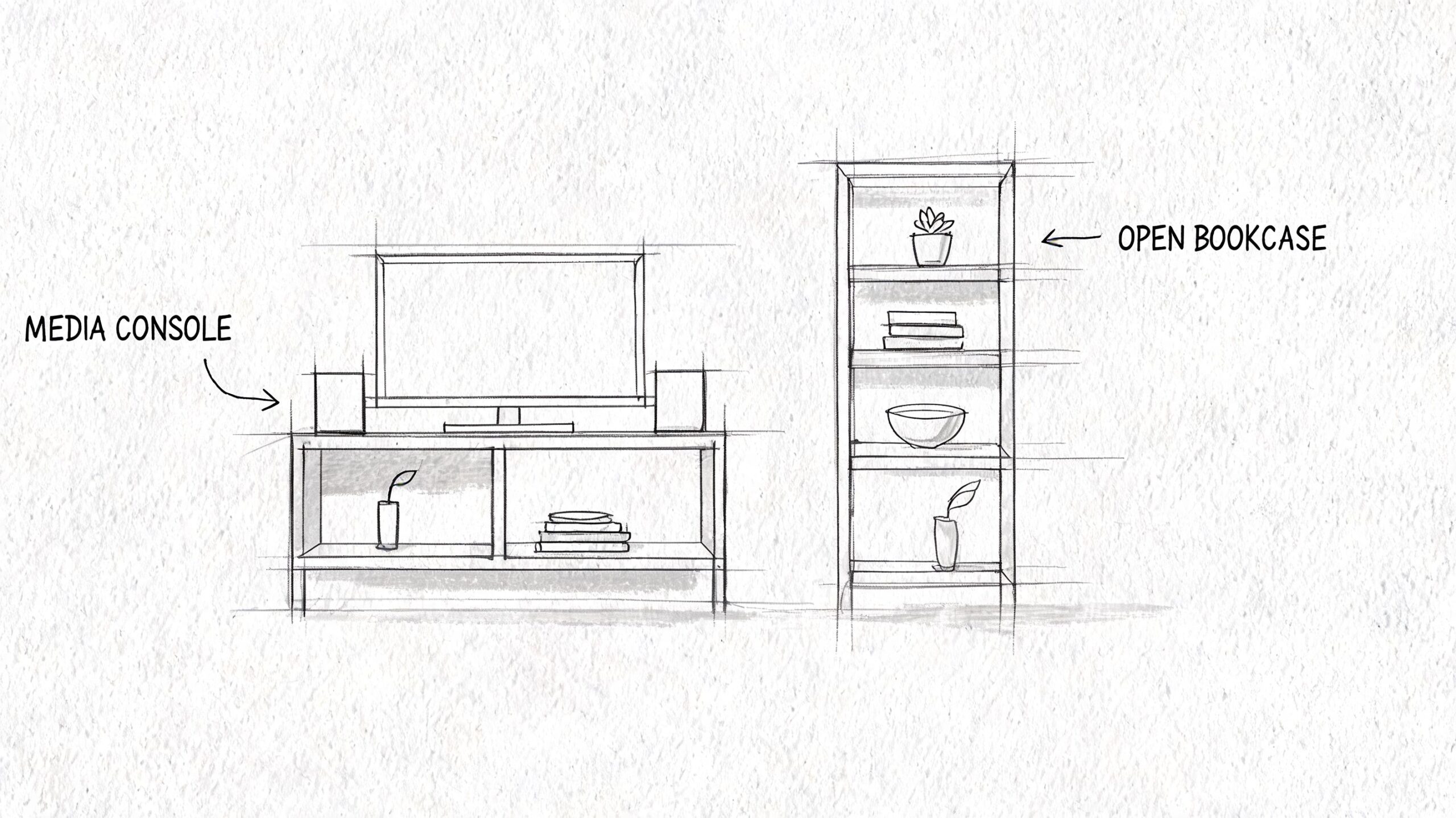 A hand-drawn sketch showing a media console with a television and an open bookcase next to it.
