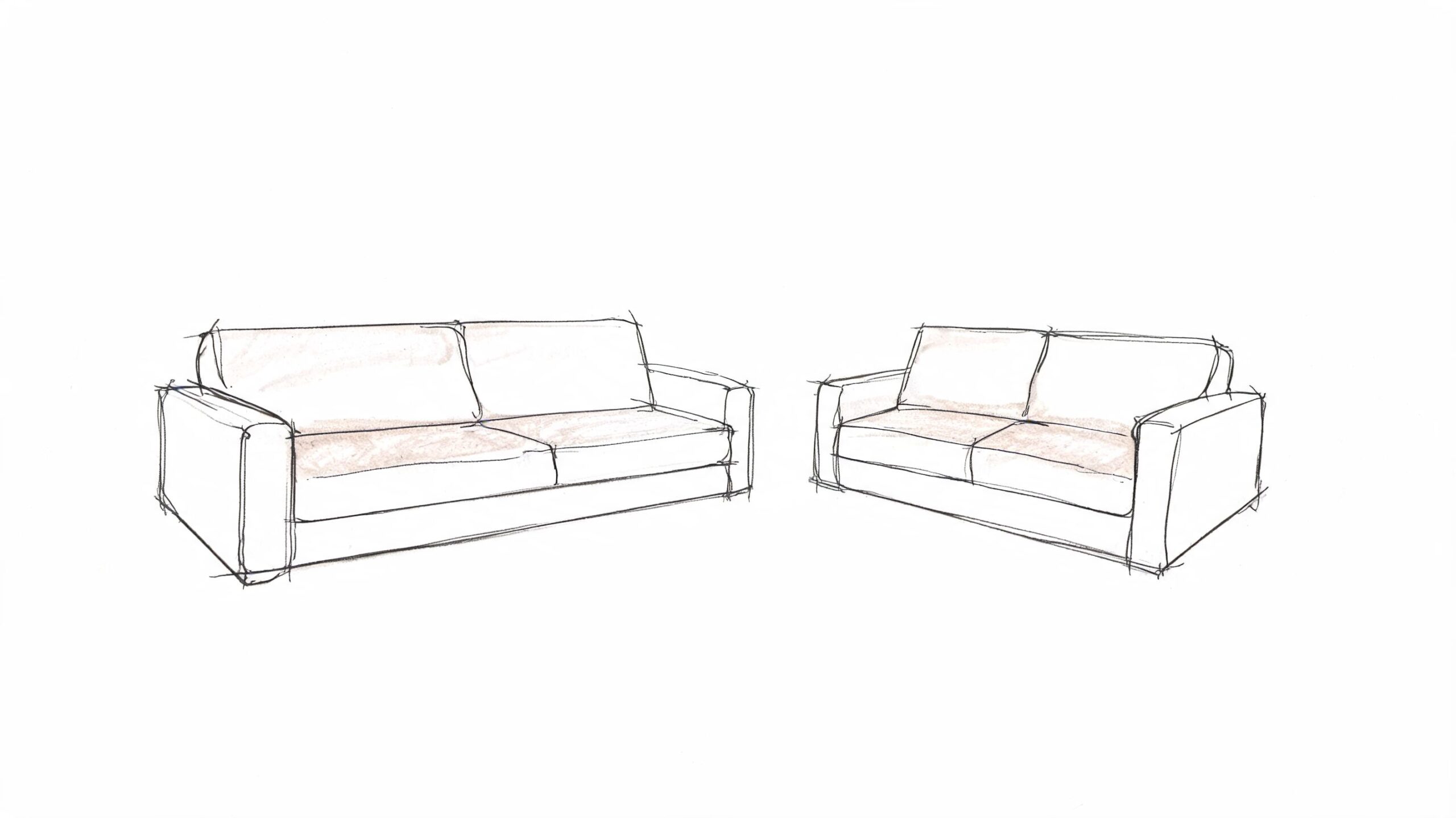 A minimalist hand-drawn pencil sketch showing two different sizes of modern upholstered sofas side by side.