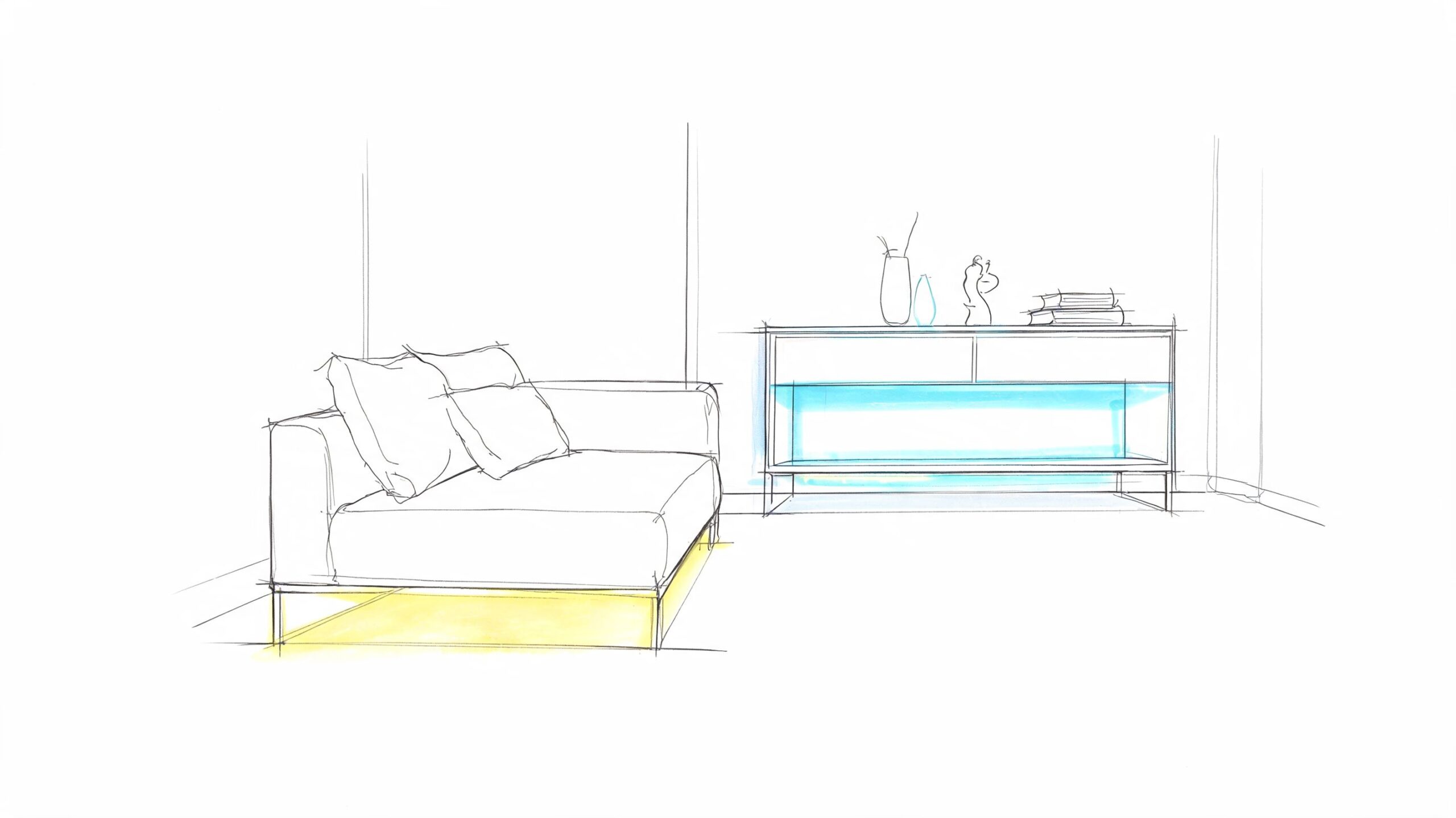A minimalist sketch of a living room featuring a cozy sofa and a console table with modern LED lighting.