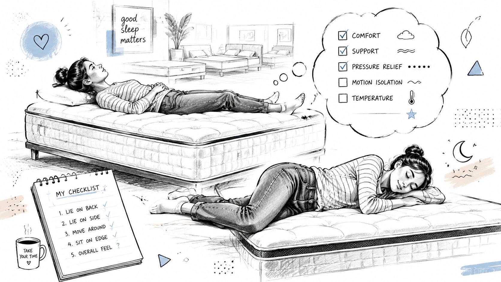 A woman testing different mattresses with a checklist and features list in a furniture showroom environment.