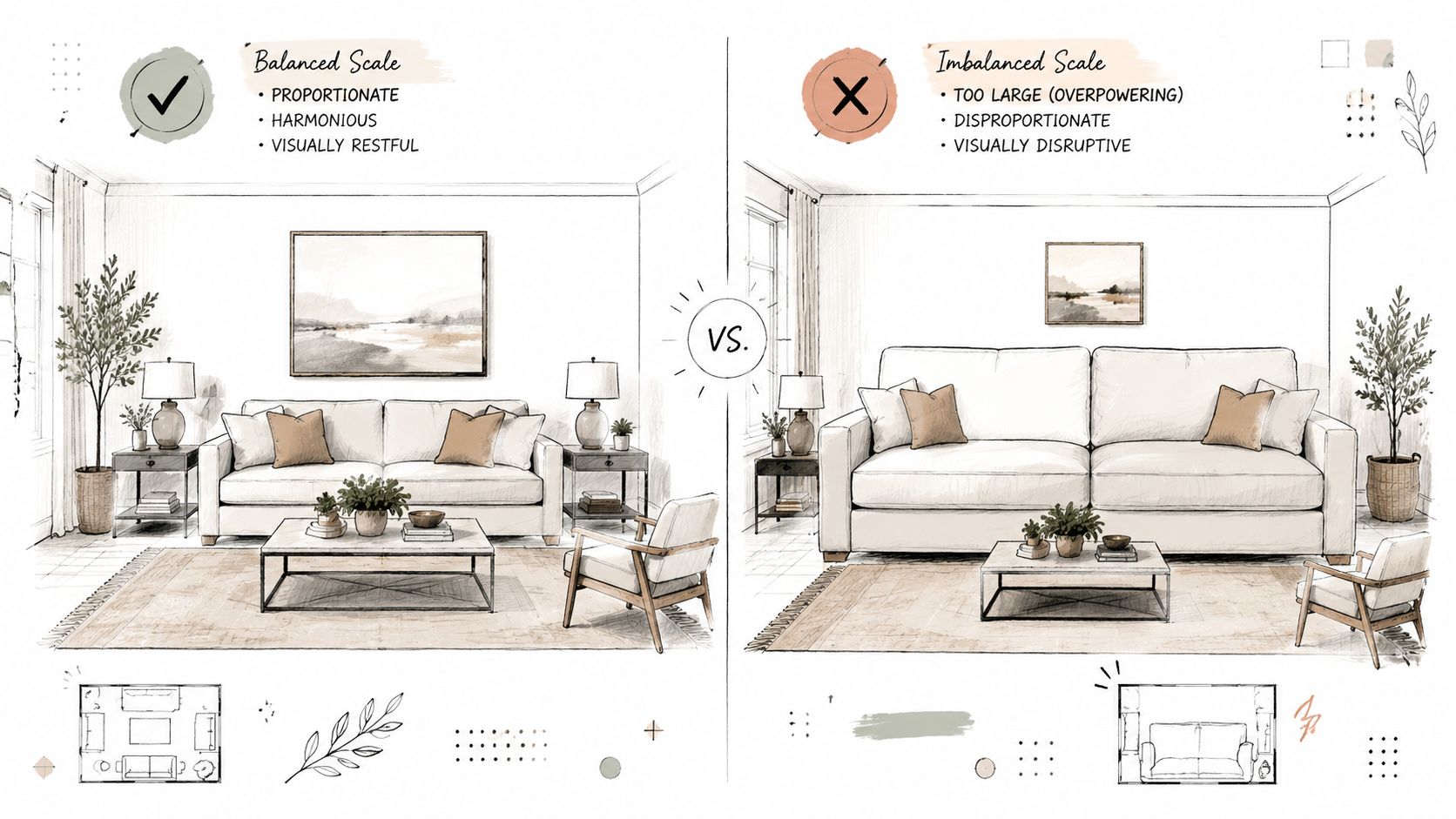 A comparison illustration showing a living room with balanced sofa dimensions versus an imbalanced, oversized sofa.