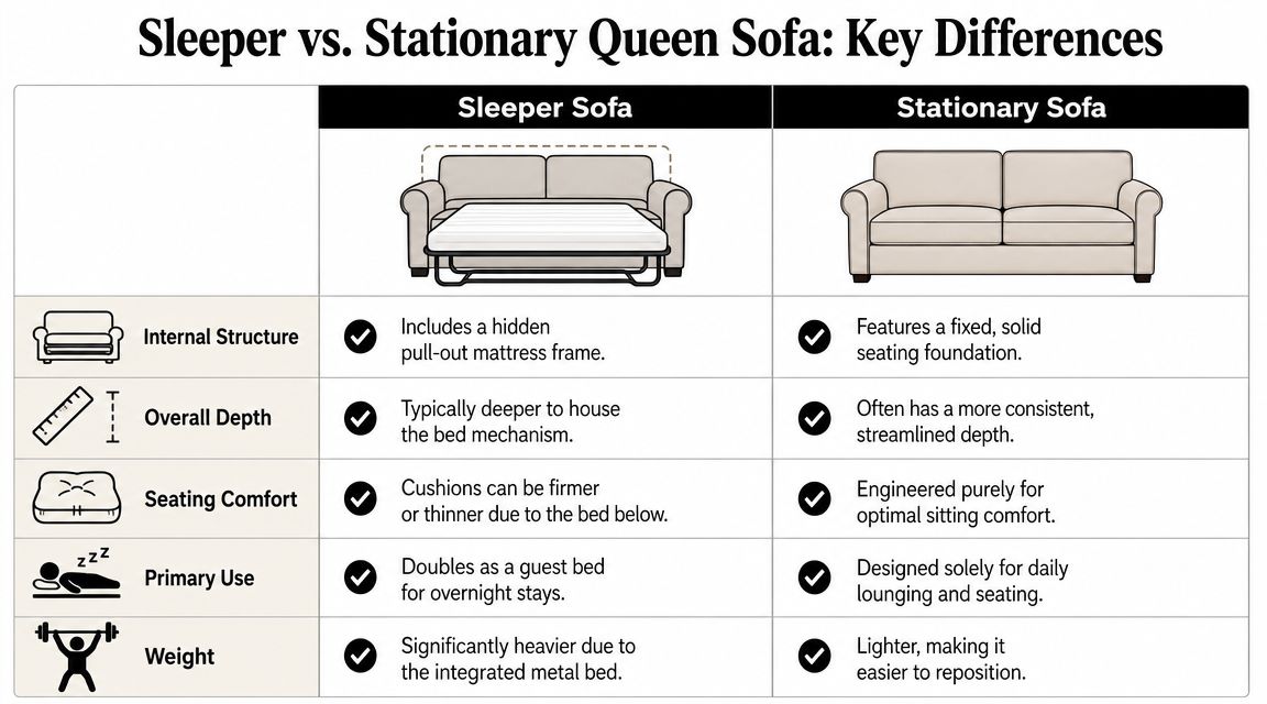 A comparison chart showing key differences between a sleeper queen sofa and a standard stationary sofa.