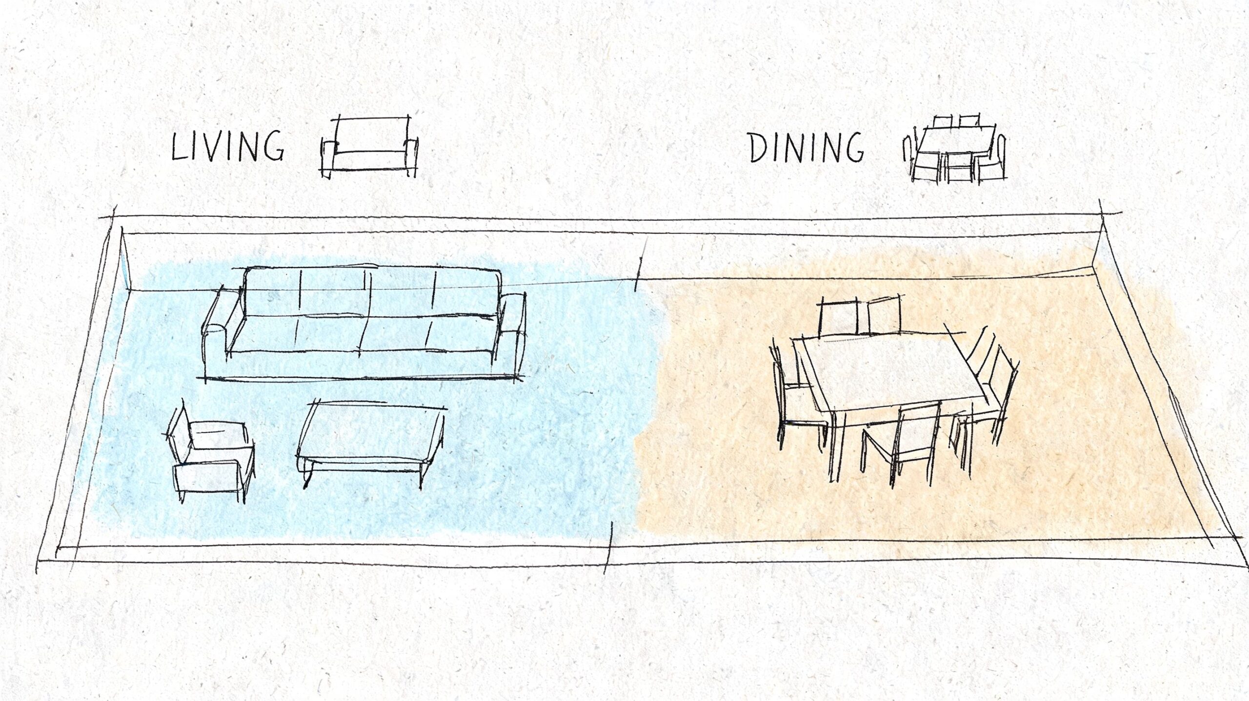 A hand-drawn sketch illustrating space planning with separate living and dining areas in an open floor plan.