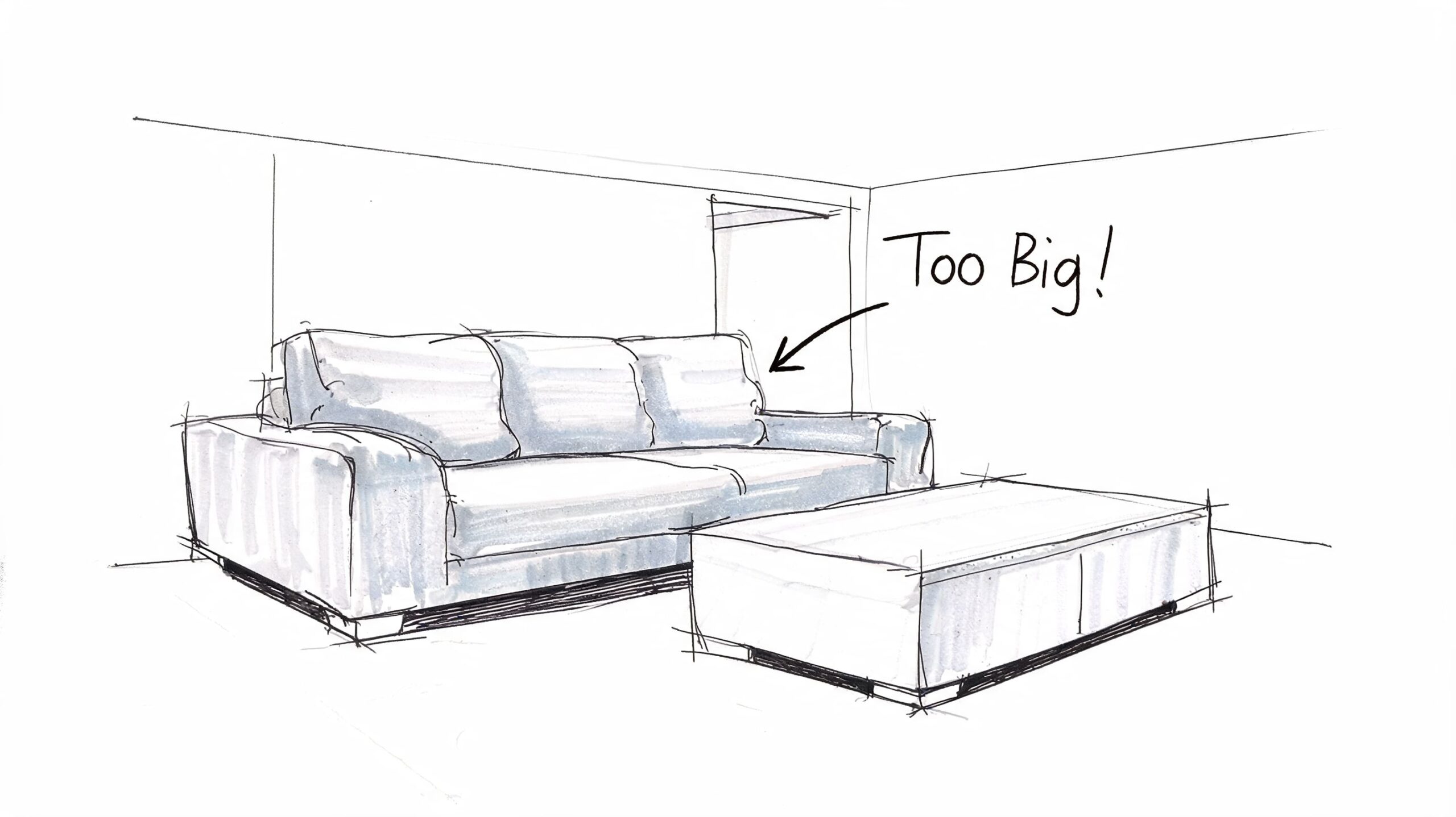 A hand-drawn sketch of a living room showing a large couch that is labeled as too big.