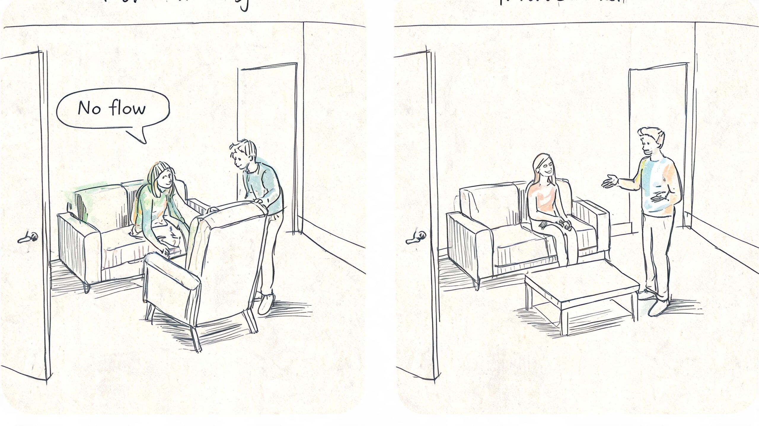 A split-screen illustration showing a living room layout being rearranged to improve traffic flow and comfort.